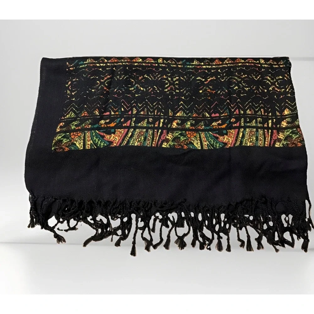 DX Danaxu 100% Wool Black Yellow Green Red Tribal Scarf Shawl Tassels